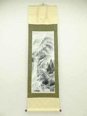 中島清堂筆　水墨山水　肉筆絹本掛軸（共箱）